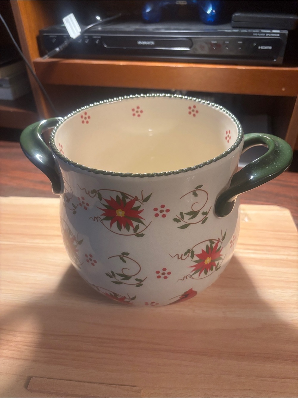 Temp-Tations Cream Ceramic Bowl with Red Floral Design and Green Leaves
